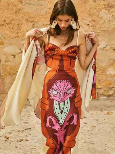 Shop Johanna Ortiz Floral Jaquard Dress In Orange, Brown And Pink