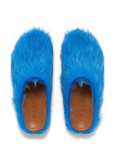 Shop Marni Faux Fur Slippers In Blue