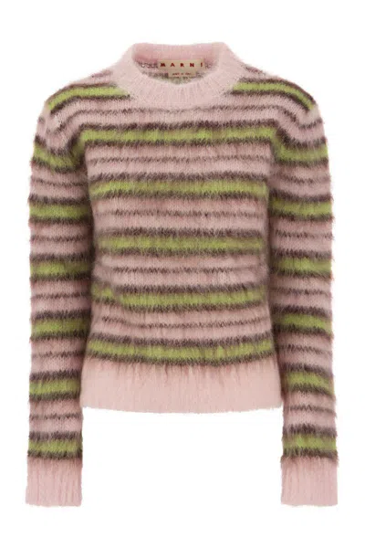 Shop Marni Striped Mohair And Wool Pullover In Pink