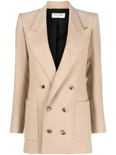 Shop Saint Laurent Double-breasted Jacket Clothing In Nude & Neutrals