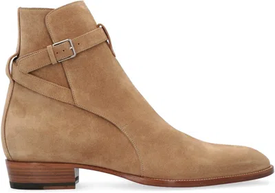 Shop Saint Laurent Jodhpur Suede Ankle Boots In Beige