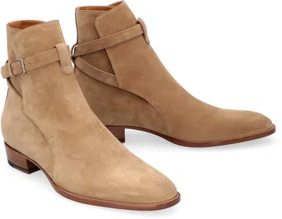 Shop Saint Laurent Jodhpur Suede Ankle Boots In Beige