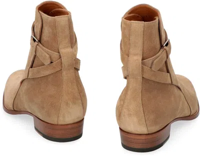 Saint Laurent Almond Toe Suede Ankle Boots With Buckle In Beige