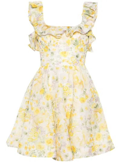 Shop Zimmermann Floral Print Linen And Silk Blend Mini Dress In Yellow