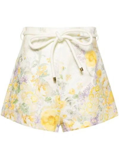Shop Zimmermann Floral Print Linen Shorts In Yellow