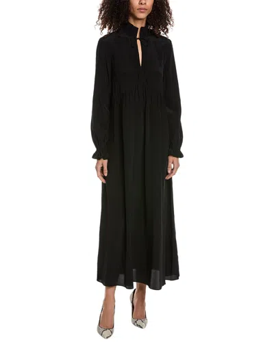Shop The Kooples Smocked Collar Silk Midi Dress In Black