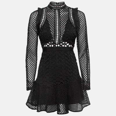 Pre-owned Self-portrait Black Guipure Lace Semi Sheer Mini Dress S