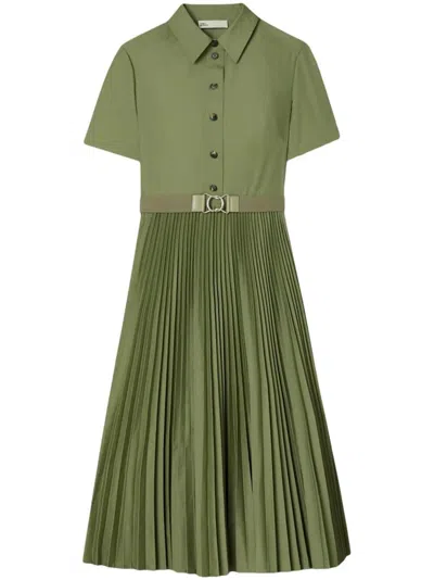 Shop Tory Burch Popline Pleated Shirt Dress In Green