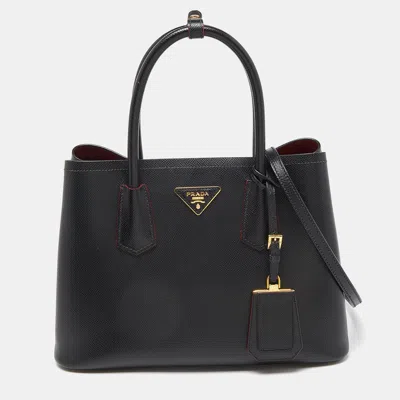 Pre-owned Prada Black Saffiano Cuir Leather Small Double Handle Tote