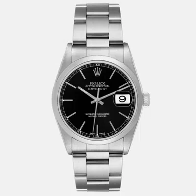Pre-owned Rolex Datejust Black Dial Smooth Bezel Steel Men's Watch 36 Mm