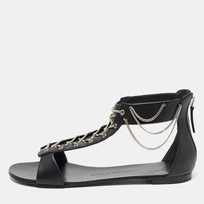 Pre-owned Giuseppe Zanotti Black Leather Roll Chain Flat Sandals Size 41