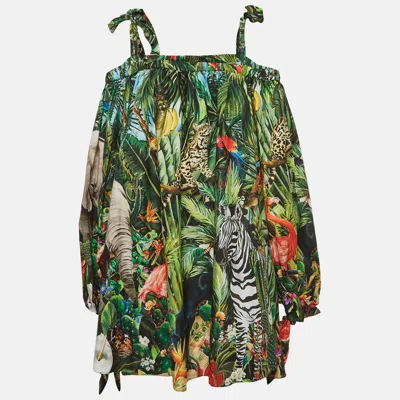 Pre-owned Dolce & Gabbana Green Braces And Jungle Print Poplin Cold Shoulder Mini Dress Xl