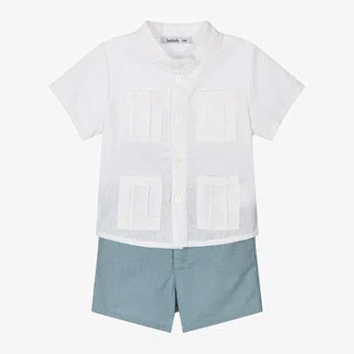 Shop Babidu Boys Ivory & Blue Linen Shorts Set