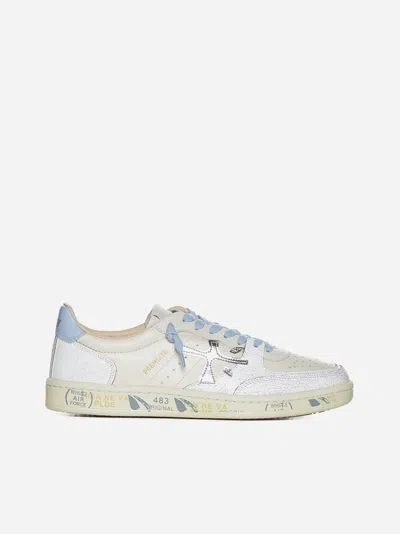 Shop Premiata Istrice Clay-d Leather Sneakers In White,beige,light Blue