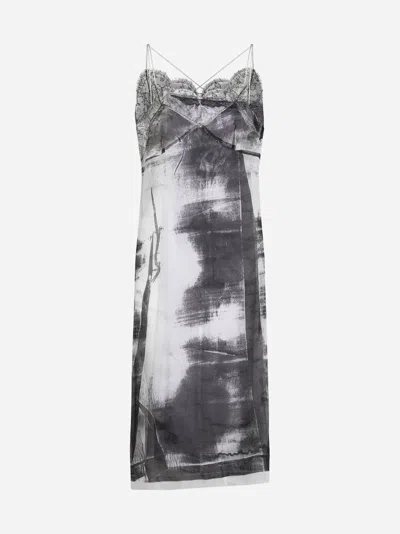 Shop Maison Margiela Print Silk Midi Slip Dress In Lilac,pistachio
