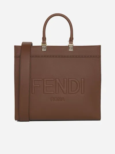 Shop Fendi Sunshine Leather Medium Tote Bag In Gianduia