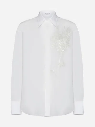 Shop Brunello Cucinelli Embroidery Cotton Shirt In Optic White