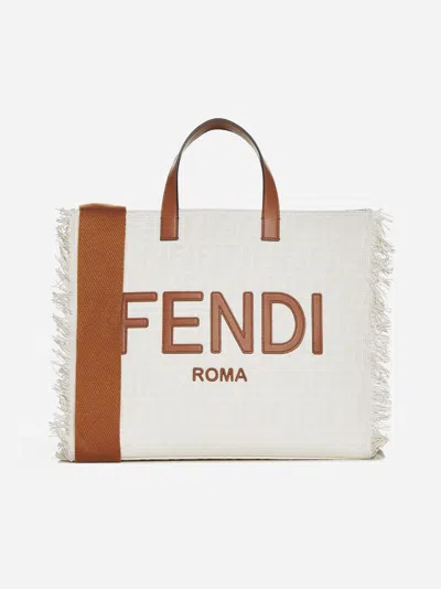 Shop Fendi Ff Jacquard Tote Bag In Ivory,tan