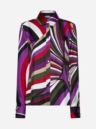 Shop Pucci Very Vivara Print Silk Shirt In Khaki,fuchsia