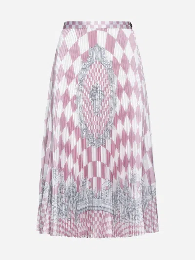 Shop Versace Contrasto Medusa Print Pleated Skirt In Pastel Pink,white,silver