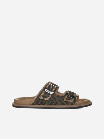 Shop Fendi Feel Ff Jacquard Sandals In Tobacco,black,brown
