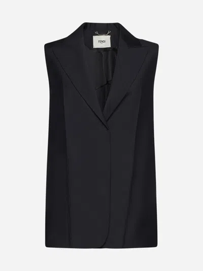 Shop Fendi Kid Mohair Single-breasted Vest In Black