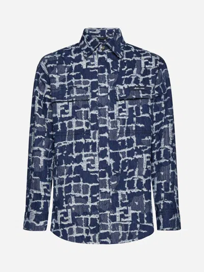 Shop Fendi Ff Jacquard Denim Shirt In Blue