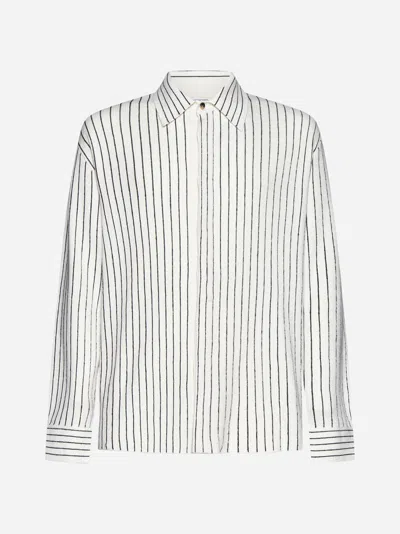 Shop Bottega Veneta Pinstriped Linen-blend Knit Shirt In Chalk,grey Melange