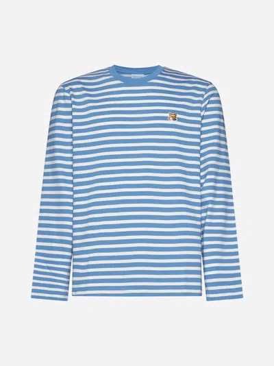 Shop Maison Kitsuné Fox Head Patch Striped Cotton T-shirt In Light Blue,white
