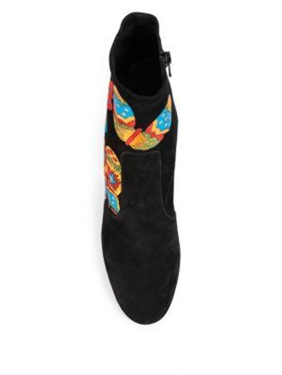 Shop Valentino Japanese Butterfly Suede Block-heel Booties In Black-multi