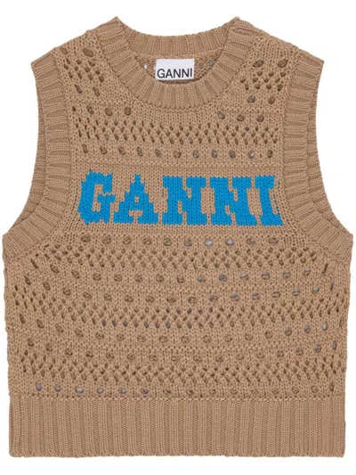 Shop Ganni Logo Cotton Blend Vest In Brown