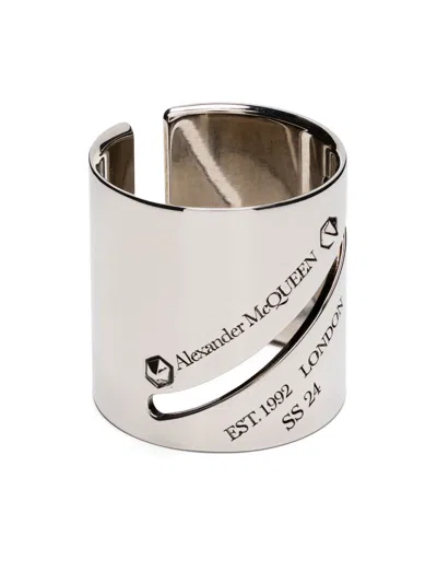 Shop Alexander Mcqueen Silver-tone Identity Tag Logo-engraved Ring