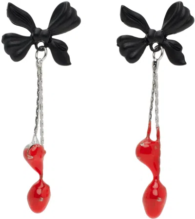 Shop Ottolinger Silver & Black Dipped Ribbon Earrings In Black / Red