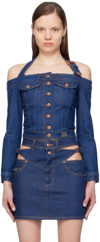 Shop Versace Jeans Couture Indigo Buttoned Denim Blouse In E904 Indigo