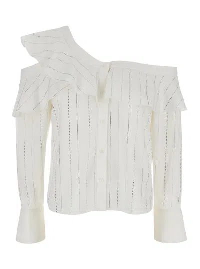 Shop Self-portrait White Asymmetric One-shoulder Shirt With Rhinestones In Fabric Woman