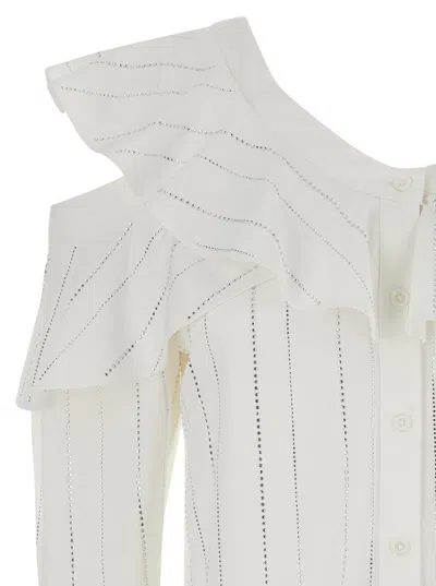 Shop Self-portrait White Asymmetric One-shoulder Shirt With Rhinestones In Fabric Woman