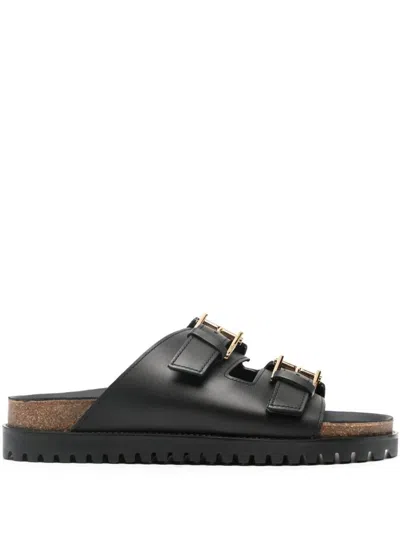 Shop Versace Calf Leather Sandals Shoes In Black