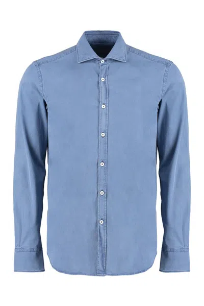 Shop Canali Curved Hem Buttoned Denim Shirt In Blue