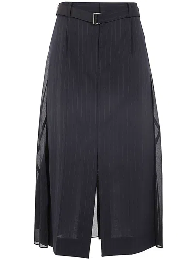 Shop Sacai Stripe Belted Midi Skirt In Blue