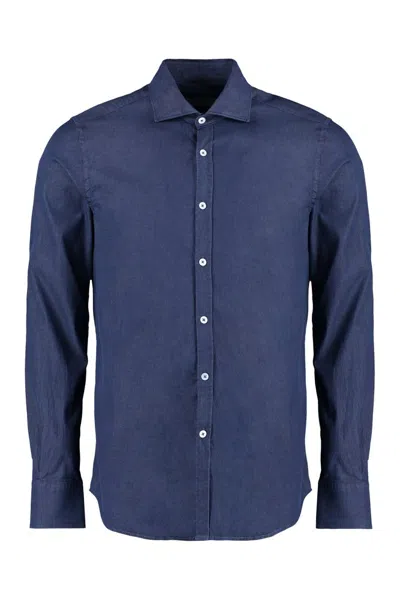 Shop Canali Curved Hem Buttoned Denim Shirt In Blue