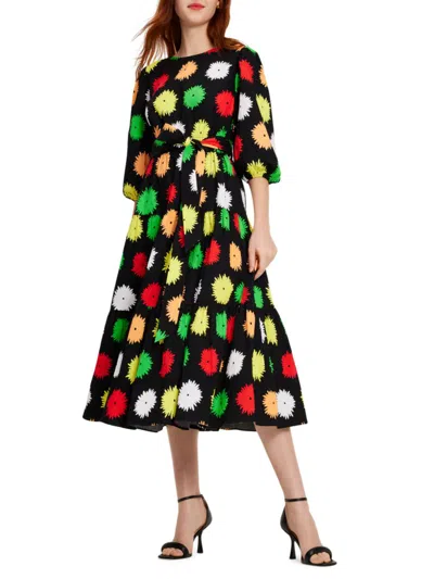 Shop Kate Spade Women's Pom Pom Floral Midi-dress In Black Multi