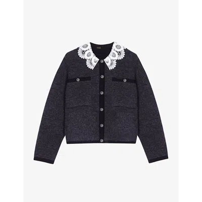 Shop Maje Womens Noir / Gris Guipure-collar Knitted Cardigan