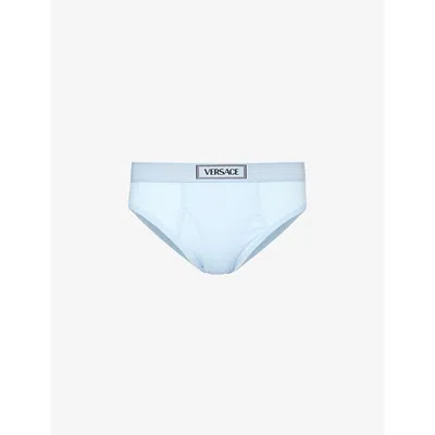 Shop Versace Logo-waistband Stretch-cotton Briefs In 95 Pastel Blue
