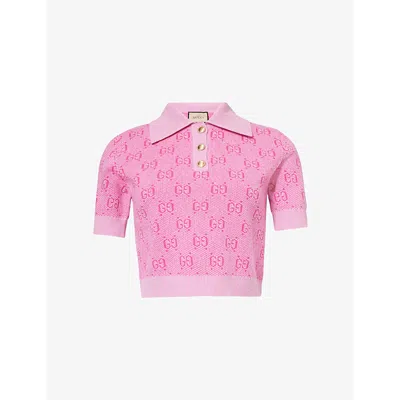 Shop Gucci Women's Pink Mc Monogram-pattern Cropped Wool-knit Polo
