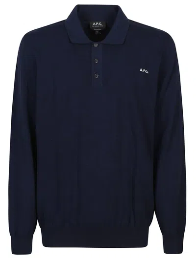 Shop Apc A.p.c. Logo Embroidered Long Sleeved Polo Shirt In Navy