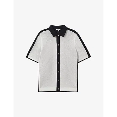 Shop Reiss Misto Open-stitch Cotton-blend Shirt In Navy/optic Whit