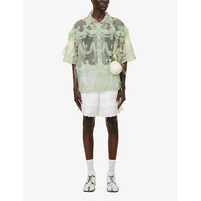 Shop Simone Rocha Men's Mint Ruffle-embellished Relaxed-fit Mesh Shirt