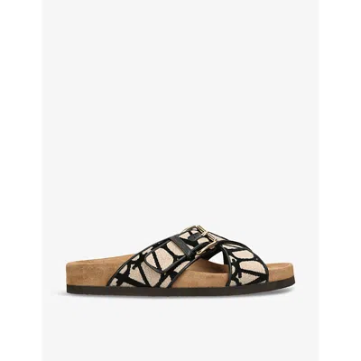 Shop Valentino Vlogo-pattern Double-strap Woven Sandals In Beige Comb