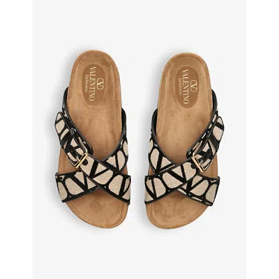 Shop Valentino Vlogo-pattern Double-strap Woven Sandals In Beige Comb