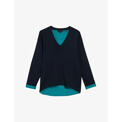 Shop Ted Baker Mikelaa Contrast-trim V-neck Stretch-knit Jumper In Navy